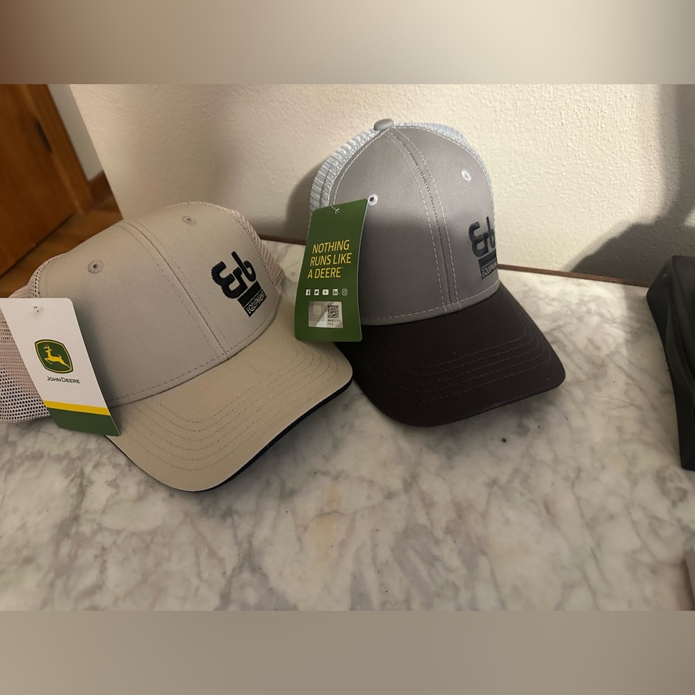 NWT; 2 John Deere Gray and tan Caps
